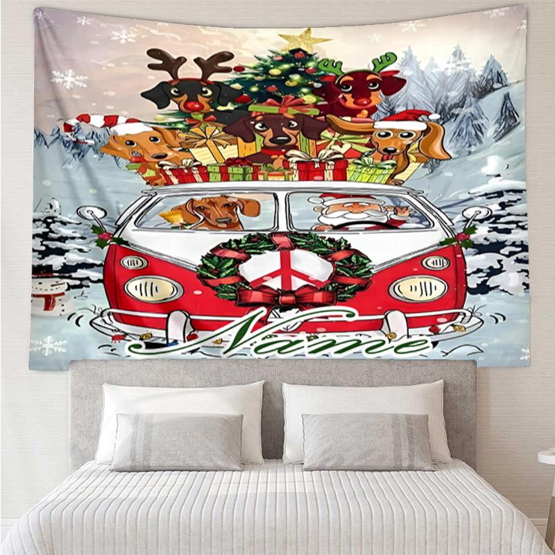 Custom Name Christmas Dog Print Tapestry, Backdrop, Easy Setup, Ideal for Bedroom, Office & Living Room, with Aesthetic Wall Hanging Decor.