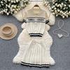 Summer Women Knitted Sweater College Letter Two Piece Set Fashion Girl Single Breasted Cardigan Top and Mini Pleated Skirt Suit