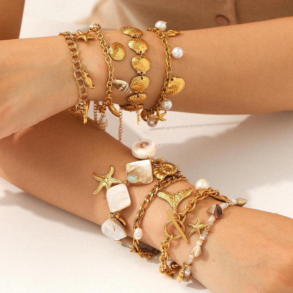 Luxury European & American Ocean-Inspired Stainless Steel Bracelet with Starfish & Seashell Design for Women – Non-Fading Titanium Jewelry