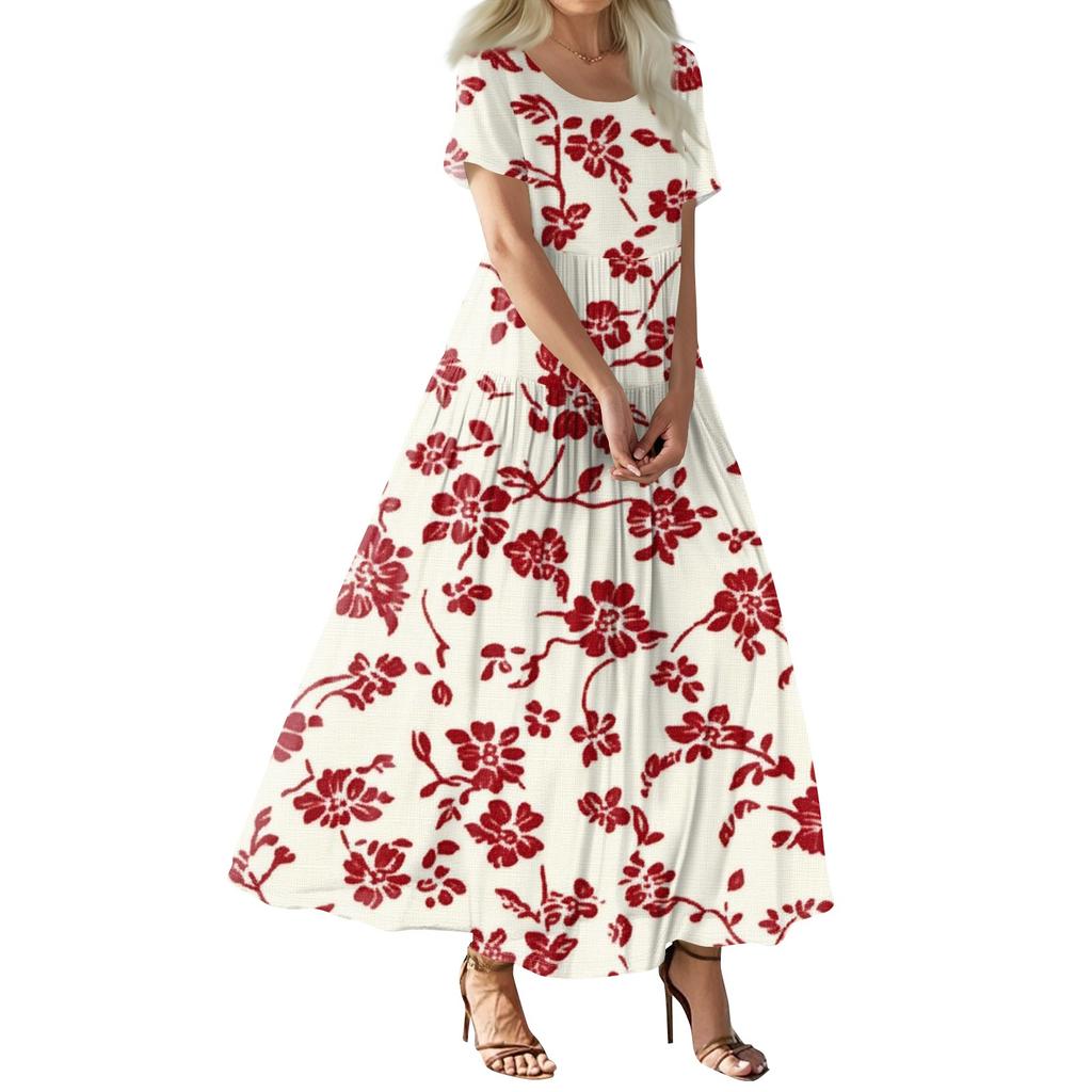 Women's Summer Casual Floral Print Short Sleeve O Neck High Waist A Line Tiered Flowy Boho Maxi Dress
