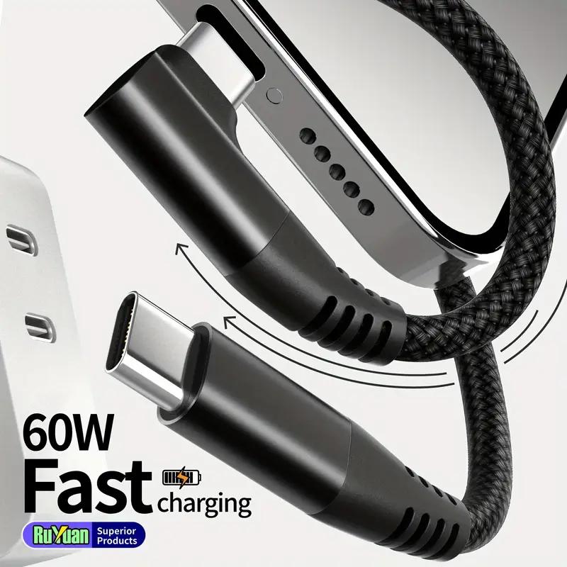 60 Вт 3A USB-C на Type-C кабель для быстрой зарядки в оплетке, изогнутый под прямым углом 90 градусов для iPhone 15 Plus Pro Max Android для iPad