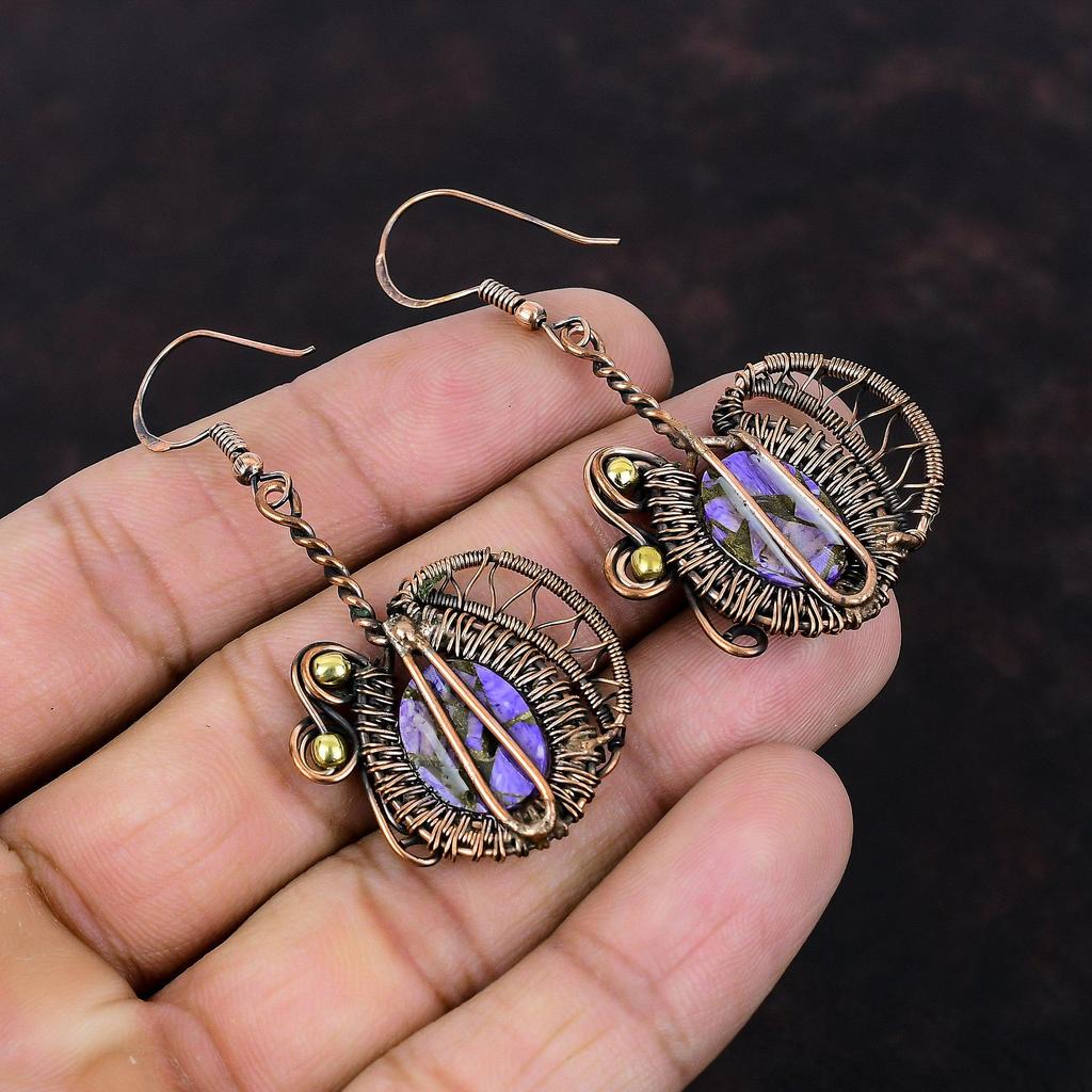 Серьги из медного чароита, серьги из медной проволоки с драгоценными камнями, медные украшения, серьги ручной работы, ювелирные изделия с проволочной обмоткой, подарок для нее, дизайнерские серьги