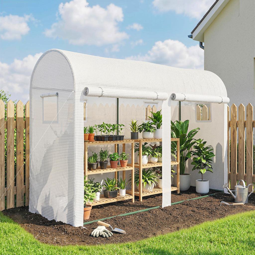 Greenhouse with Windows, Door, Foil Greenhouse Made of Steel, 300x100x200cm, White