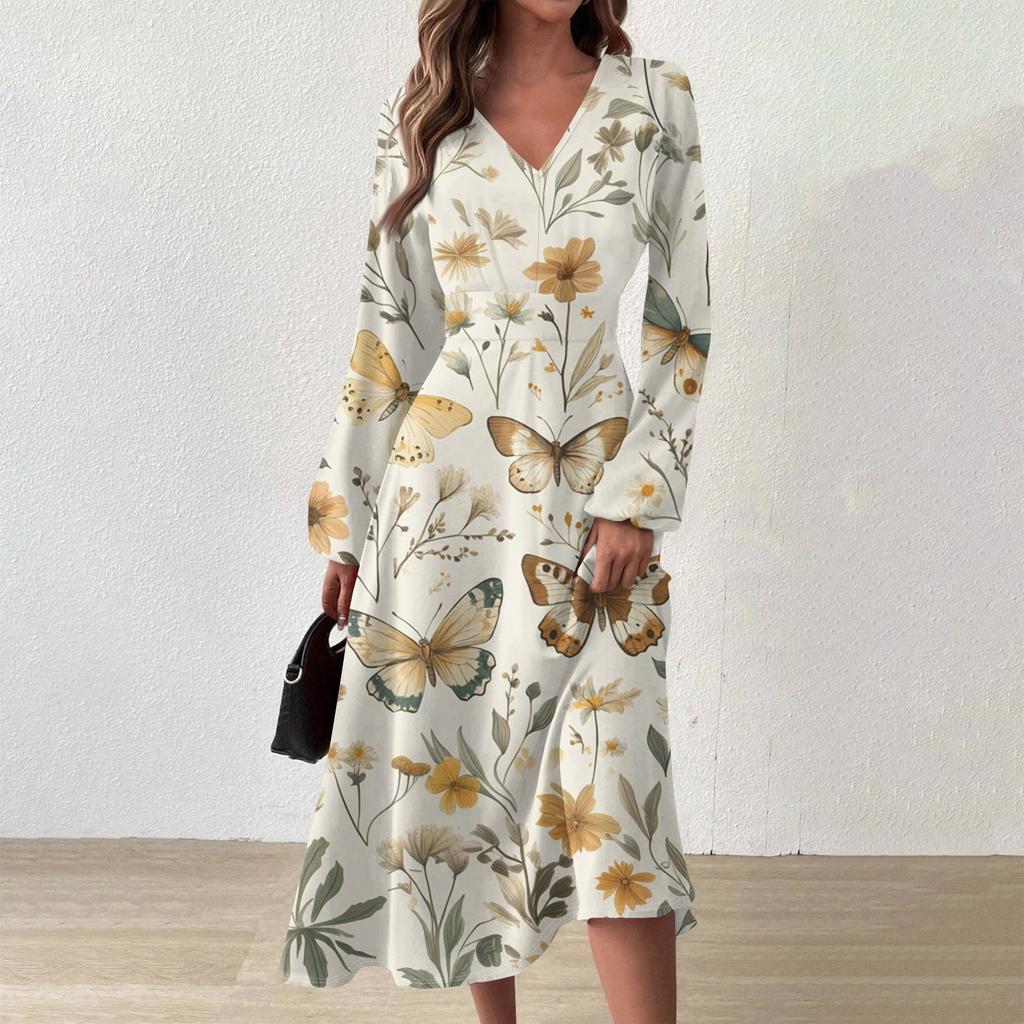 Women's Casual Fashion V-Neck Long Sleeve Floral Print Long Dress