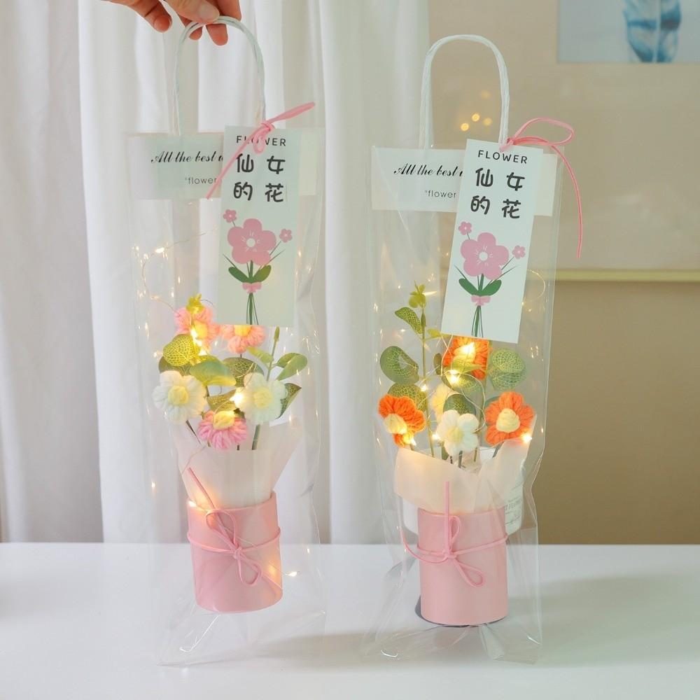 Exquisite Handmade Hand Knitted Flowers With Light String Bucket Bouquet  Home Decoration