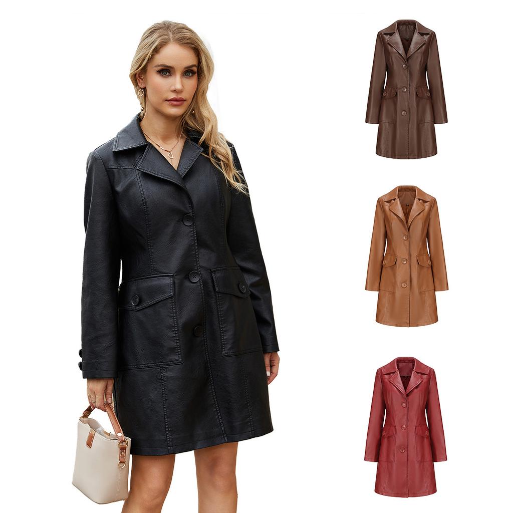 Long Leather Jacket Spring and Autumn Long-sleeved Leather Trench Coat Fashion Female Lapel Single-breasted Jacket