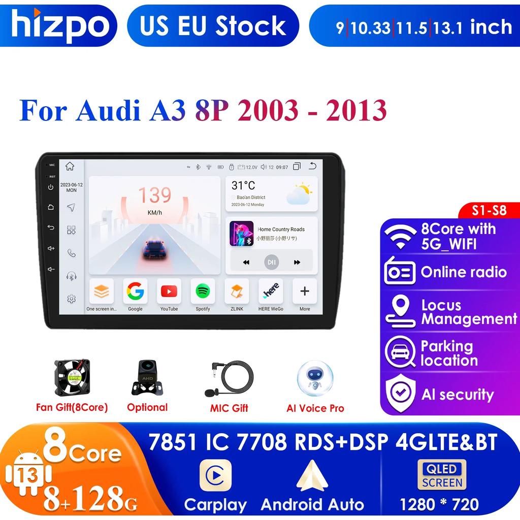 Hizpo Carplay 4G Android 13 автомобильное радио для A3 8P 2003 - 2011 S3 RS3 Sportback мультимедиа видео GPS 2din автомагнитола RDS интеллектуальный экран Bluetooth