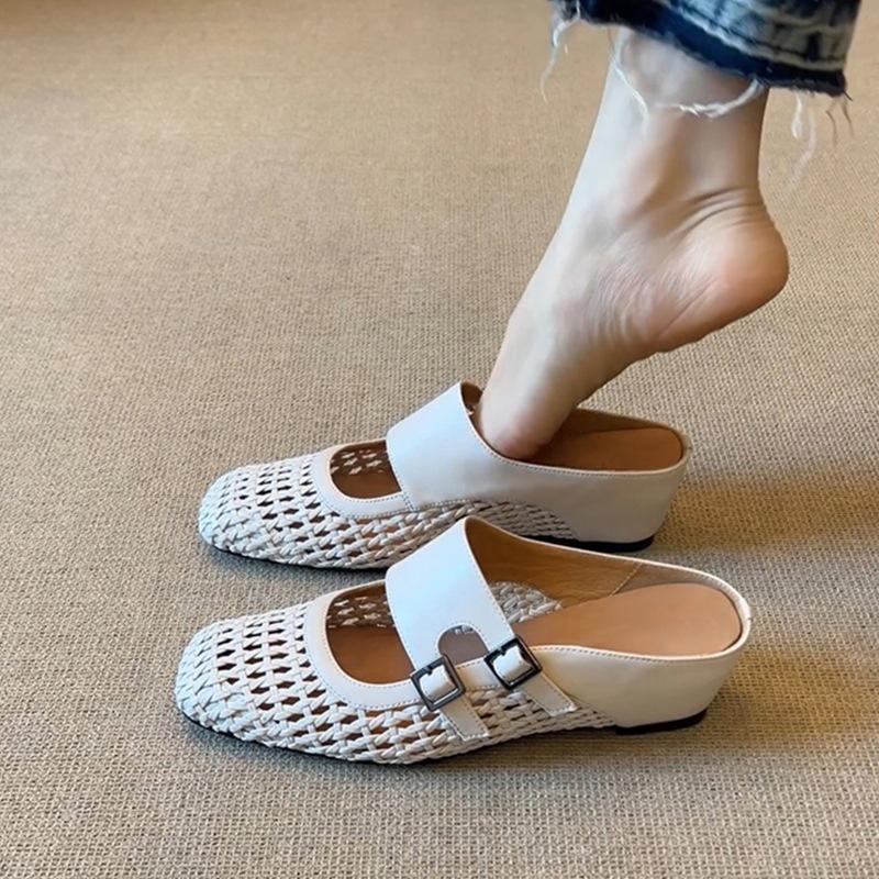Edition~ Inner Height Increase Word With Half Slippers Women'S Summer Square Head Weaving Hollow And Breathable Outer Wear Bag Head Sandals.
