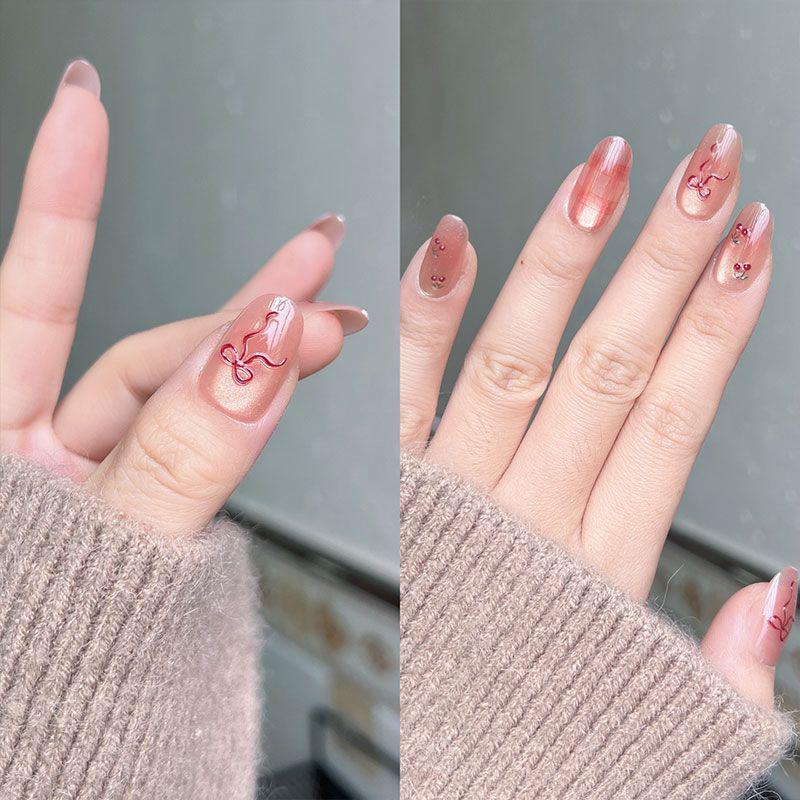10Pcs Handmade Almond Nude Pink Cat Eye Press On Nails With Sweet Cherry Plaid Bow Reusable False Nails For Women Party