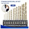 13pcs High Speed Steel Titanium Coated Drill Bit Set 1/4 Hex Shank 1/16-1/4" Hexagonal Handle Twist Drill For Home Improvement