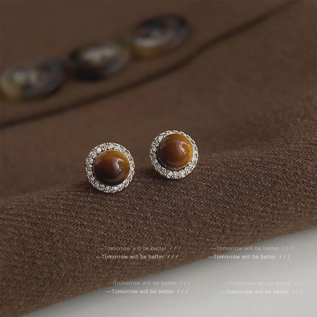 Элегантные ретро-серьги из тигрового глаза в гонконгском стиле для женщин — универсальный дизайн с цирконием, высококачественные ювелирные изделия