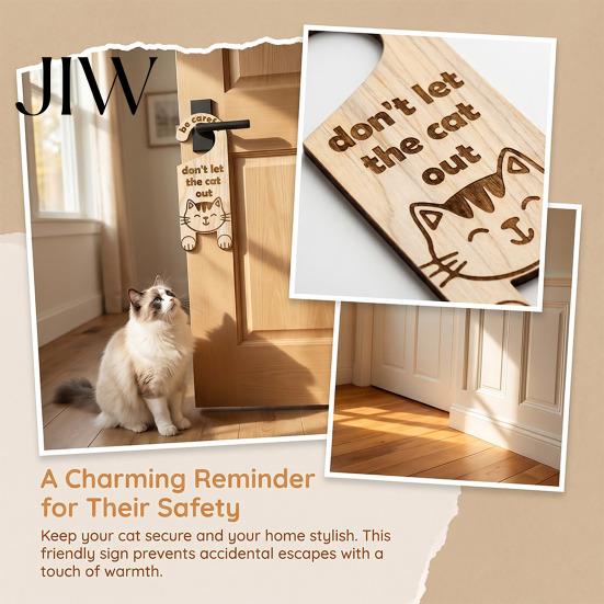 Pet Shop Door Sign Cat Warning Handle Sign, Wooden Cartoon Hanging Reminder, Escape Prevention Safety Knob Hanger, for Bedroom And Entryway Doors Cafe