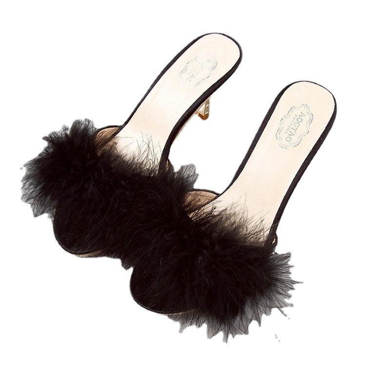 Женские тапочки, летние модные босоножки на шпильке с волосатым узором, женские тапочки с открытым носком, женские тапочки на высоком каблуке