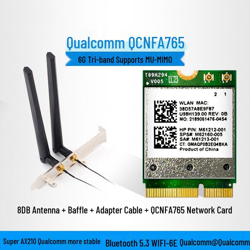 Сетевая карта Qualcomm QCNFA765 WiFi 6E с Bluetooth 5.3 для ноутбуков и настольных компьютеров (Двухдиапазонный 5G, Ultra AX210).