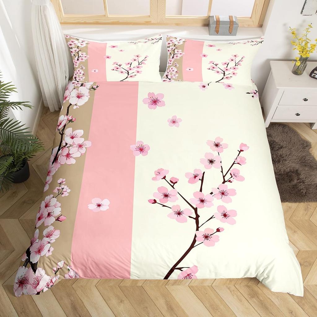 Пододеяльник Розовый Цвет Сакуры Твин Кинг, Японские Цветы Цветение Романтический Цветочный Постельный Комплект, Фермерский Дом Лепестки Чехол для Одеяла
