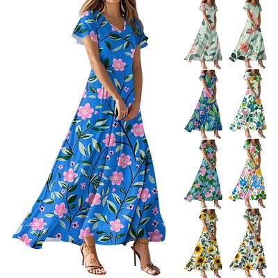 Женское повседневное платье с V-образным вырезом, коротким рукавом, высокой талией и принтом в виде цветов и листьев в стиле ретро