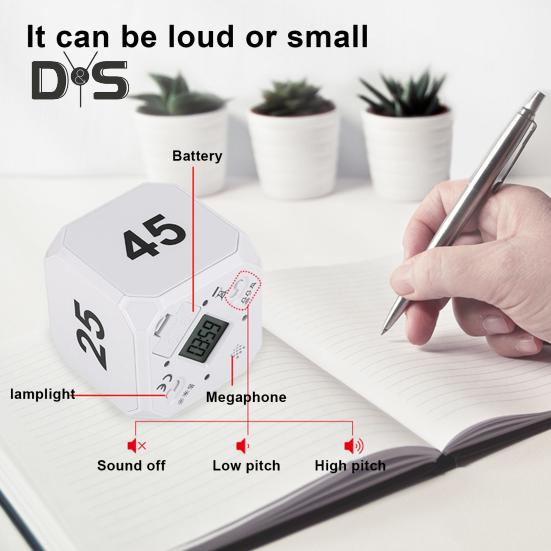 Вращающийся кубический таймер 5-15-25-45 минут со светодиодным дисплеем, ползунковый переключатель, Pomodoro, портативный кубический таймер с вибрацией и беззвучным сигналом для работы, учебы, кухни