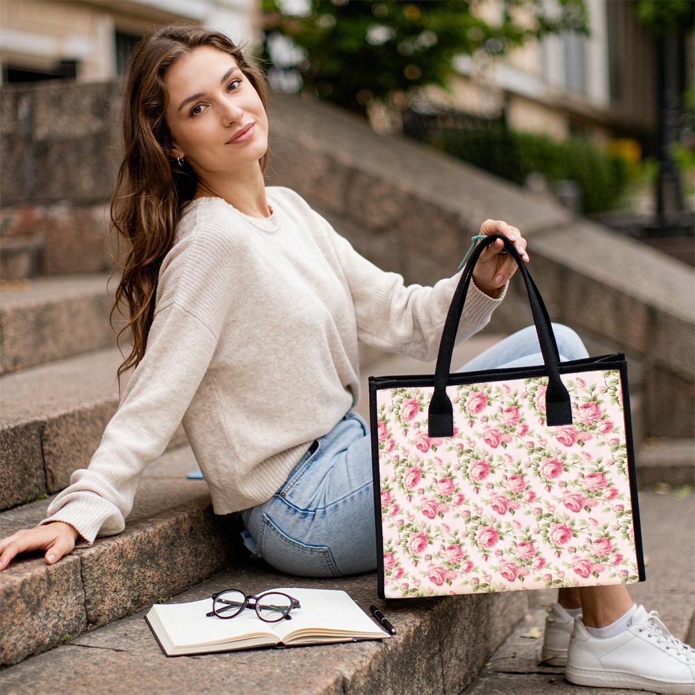 Floral Canvas Tote Bag Fashionable Casual Daily Shopping Handbag for Women