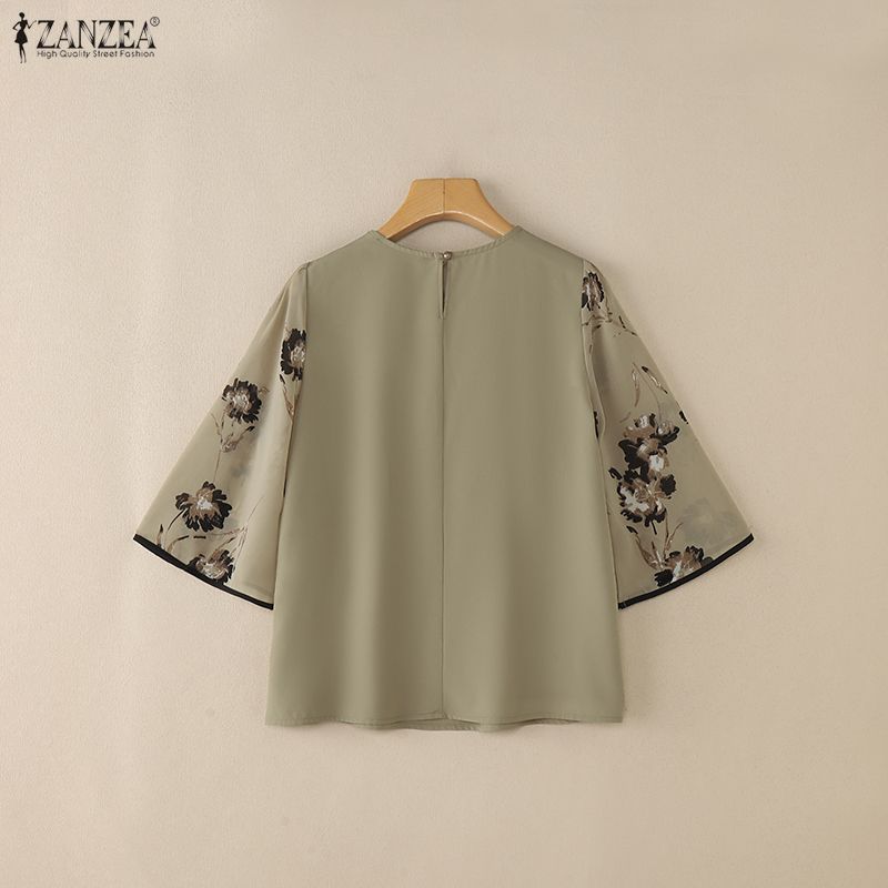 ZANZEA Женская повседневная блузка с круглым вырезом, свободного кроя, с полурукавом