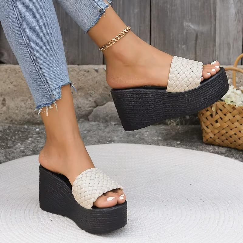 Fashionable High-heeled Slippers, Summer Solid Color Wedge Heels, Elegant and Comfortable Thick-soled Women's Shoes, Large Size