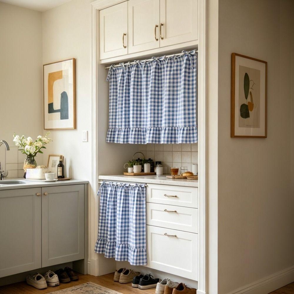Ruffled Edge Farmhouse Plaid Kitchen Oven Skirt Cotton Privacy Partition Curtain Porch