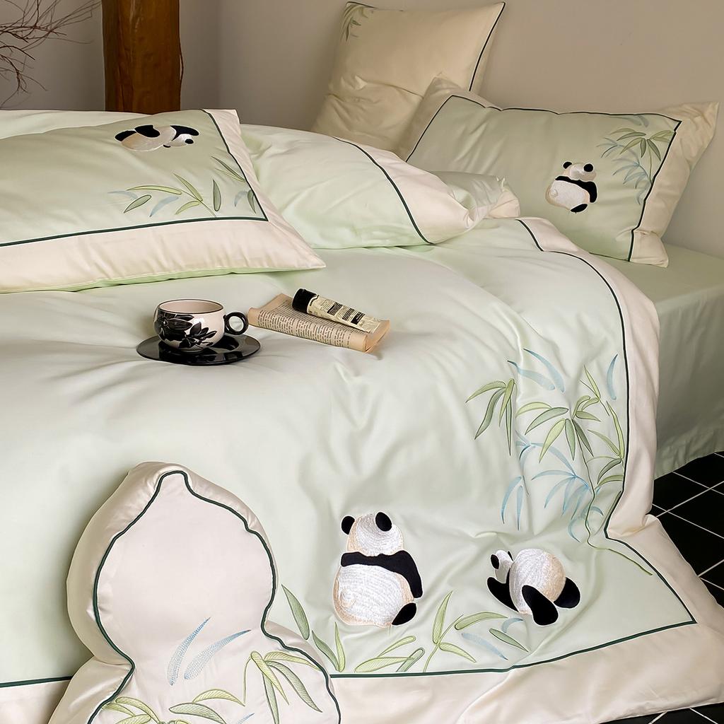 100 Cotton Premium Embroidered Four Piece Bed Set - Panda and Bamboo