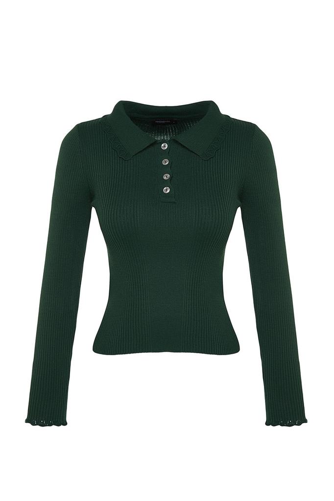 Женский модный новый свитер Изумрудно-зеленый трикотаж с вырезом поло