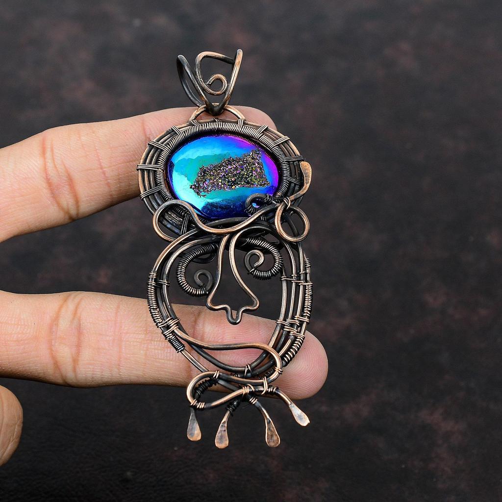Titanium Druzy Pendant Copper Wire Wrapped Pendant Top Quality Gemstone Jewelry Handmade Pendant For Women Copper Wire Jewelry Gift For Him