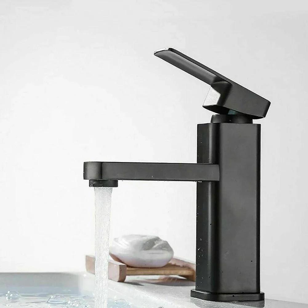Black Bathroom Faucet Hot Cold Water Sink Mixer Tap Stainless Steel Paint Square Basin Faucets Single Hole Tapware Deck-mounted