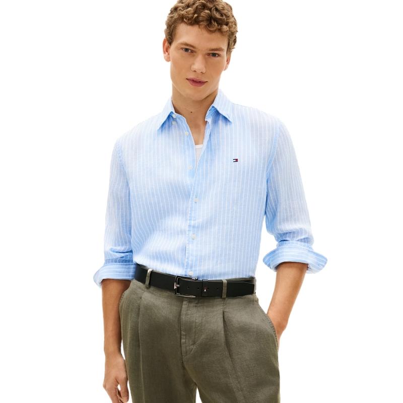 Tommy Hilfiger Удобная льняная повседневная рубашка в полоску с длинным рукавом для пляжного отдыха Мужские рубашки MW0MW42400