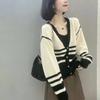 Cardigan Sweater Female Spring and Autumn European Loose Sweater Coat V-neck Long Sleeve Top Stripe Lazy Knitted Cardigan Women