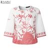 ZANZEA Women Casual Round Neck 3/4 Sleeve Loose Print Blouse