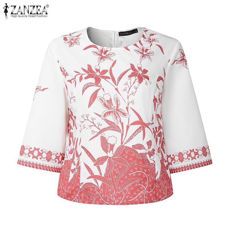 ZANZEA Women Casual Round Neck 3/4 Sleeve Loose Print Blouse
