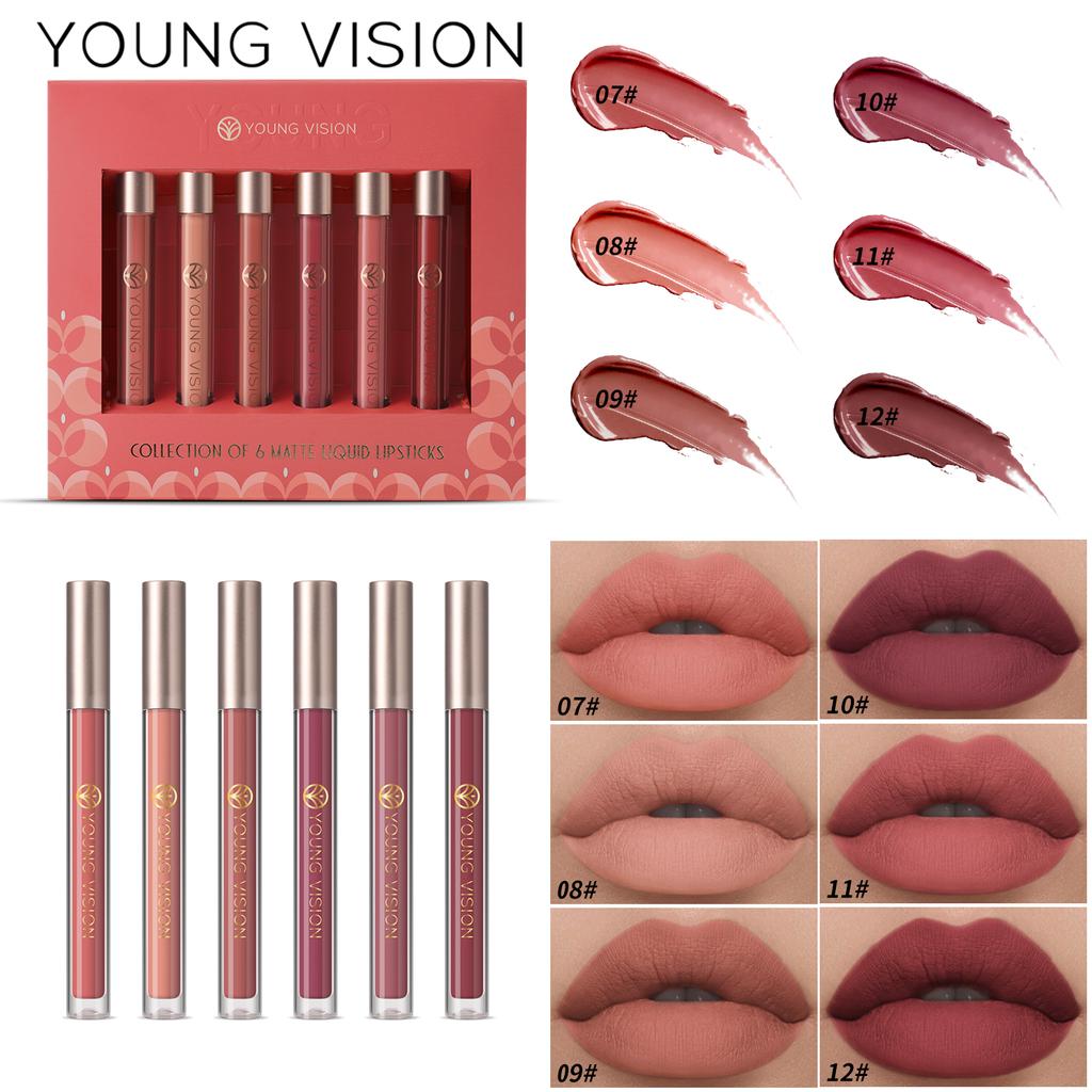 YOUNG VISION Подарочный набор из 6 жидких помад Matte Mist Top Блеск для губ в антипригарном стаканчике