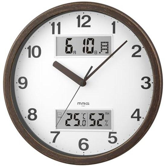 MAG Wall Clock Analog Stylish Interior Thermometer Hygrometer Calendar Silent Continuous Second Hand Diameter 29.0 cm Wood Grain Brown Double Point