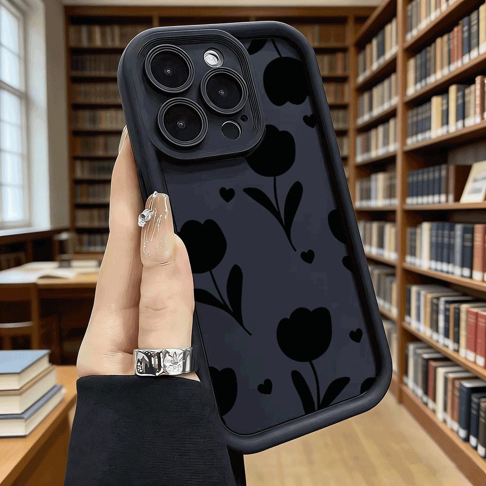 Black Tulip Flower Pattern Luxury Anti-Slip TPU Phone Case For Xiaomi Redmi Note 15 14 13 12 11 10 9 Pro Full Protective Cover