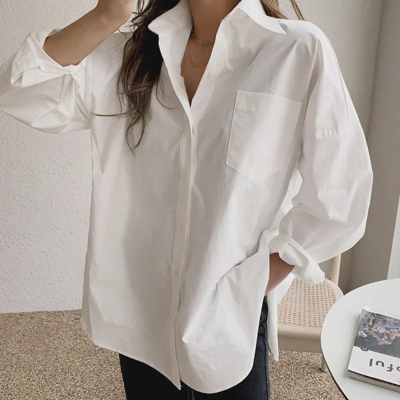 Women's White Long Sleeve Versatile Loose Fit Mid-Length Shirt, 2025 Korean Design, Spring Collection
