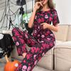 Пижама Ice Silk Summer с короткими рукавами для женщин, имитация шелка, классная одежда для дома, принт на Хэллоуин, брюки, костюм