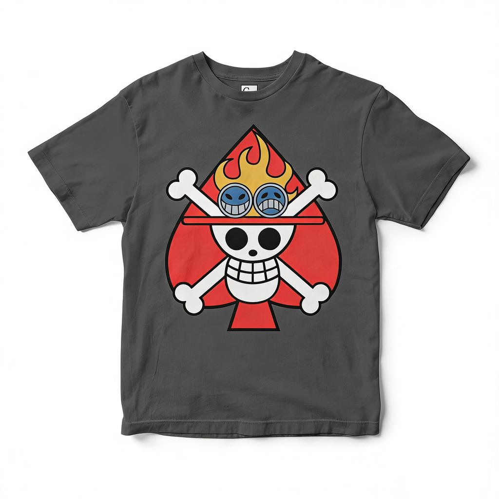 Unisexs T Shirt Sports T Shirt Short Sleeve T Shirt One Piece Red Hair Pirates Skull on Fire Red Heart Pattern Black Cotton Tee