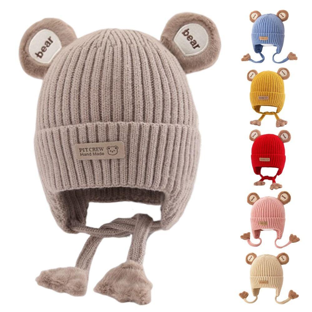 Милый дизайн с мишкой Шапка-бини для малышей Хлопковая подкладка Зимняя теплая вязаная шапка для младенцев Одежда для малышей