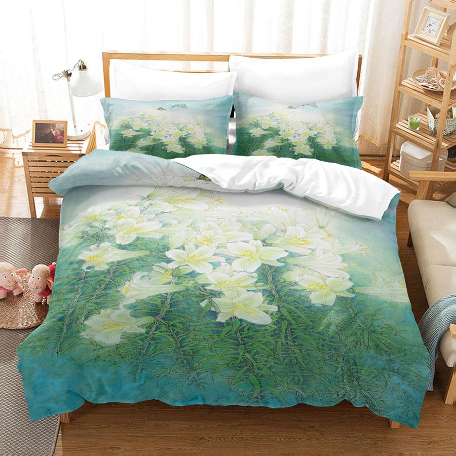 Comforter Green Flower Double Bed With Lotus Bedding Set King Size 3Pcs 2Pcs Single Twin Full 200X200 220X240Cm