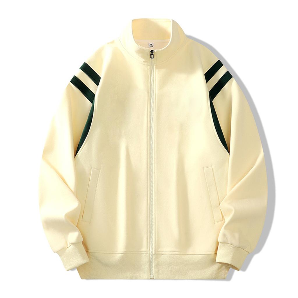 Men's New Casual Cardigan Hoodie Solid Color Striped Loose Jacket Stand Collar Zipper Top