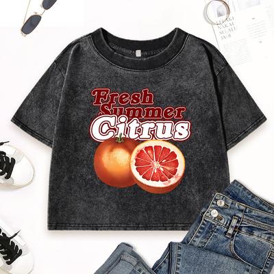 Свежая летняя футболка с принтом апельсина цитрусовых для женщин, из стираного хлопка, с круглым вырезом, уличная одежда, летние футболки Y2K, одежда