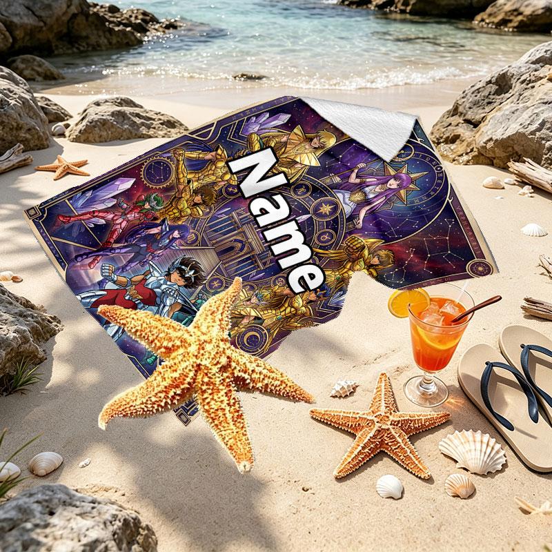 Custom Name Personalized Saint Seiya Print Beach Towel, for Trip Camping Beach Party Home Decor, Birthday Gift for Family & Friends