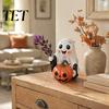 Exquisite Craftsmanship Resin Art Halloween Ghost Decoration, Holding Pumpkin Figurine with Witch Adorable Set Hat, Spooky Cute Tabletop Decor