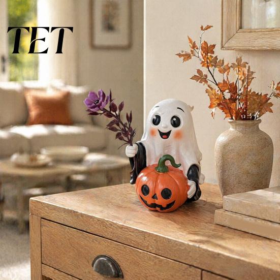 Exquisite Craftsmanship Resin Art Halloween Ghost Decoration, Holding Pumpkin Figurine with Witch Adorable Set Hat, Spooky Cute Tabletop Decor