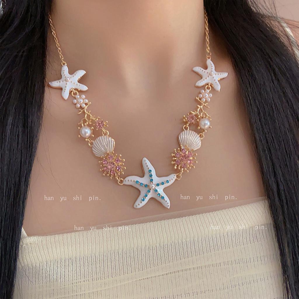 Fashion Marine Jewelry Starfish Pendant Necklace Shell Pearls Bracelet Alloy Texture Suitable for Women Beach Outfits