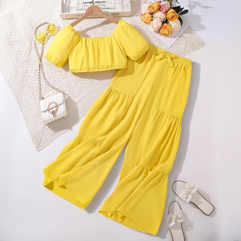 Костюм для отдыха для девочек, весенне-летняя детская мода, топ с короткими рукавами, широкие брюки, костюм из двух частей