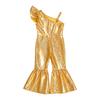 Baby Girls Birthday Party Photography Outfit Glittery Metallic One Shoulder Ruffled Sleeve Romper with Adjustable Strap and Bell-bottom Jumpsuit