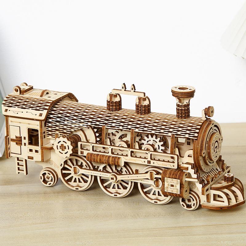 3D Wooden Puzzles For Adult DIY Model Block Kits Movable Steam Train Car Assembly Handmade Toy Hobby Creative Teen Kid Gift